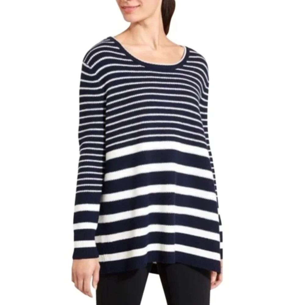 ATHLETA Kennewick Blue White Striped Merino Wool Side Slit Sweater Size L
